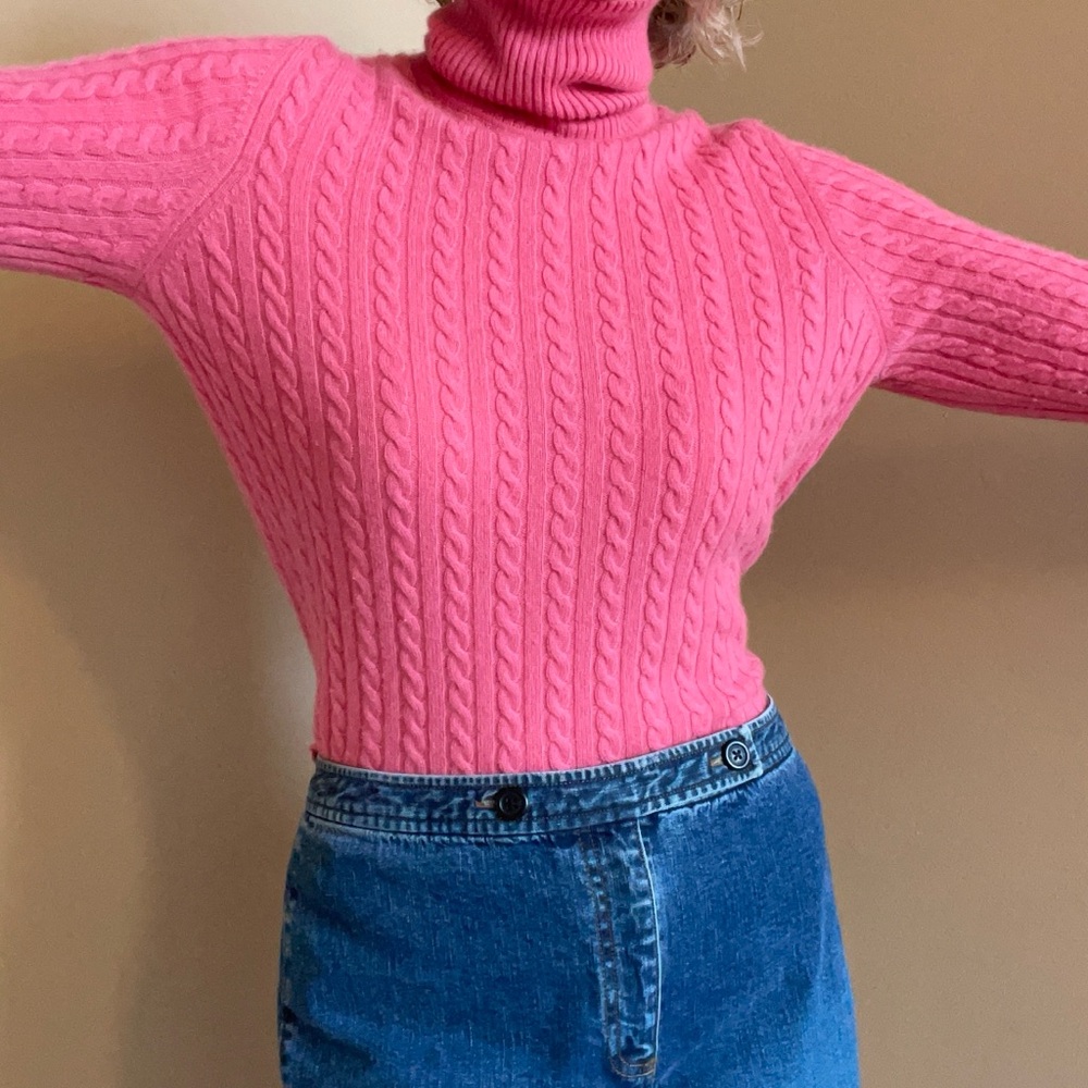 Pink Cashmere Cable Knit Turtleneck Sweater - Picture 7 of 8